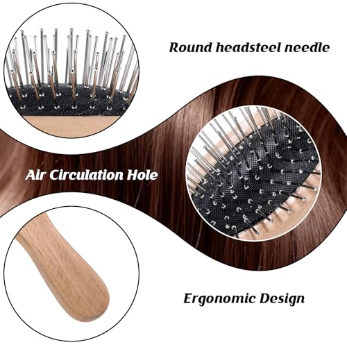Portable Bamboo Hair Brush with Steel Bristles for Detangling