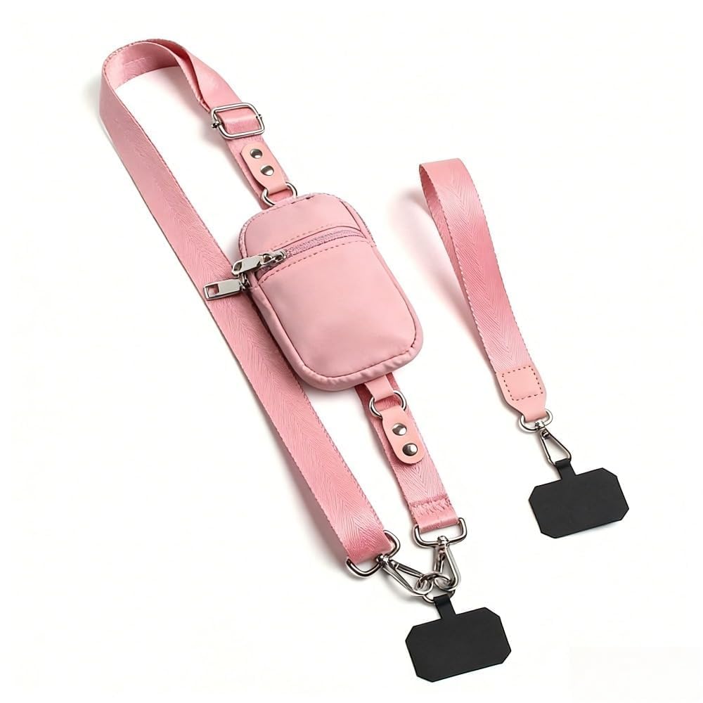 Crossbody Phone Lanyard with Zipper Pouch, Adjustable Neck Strap with Phone Tether, Anti-Lost Wrist Strap (pink)