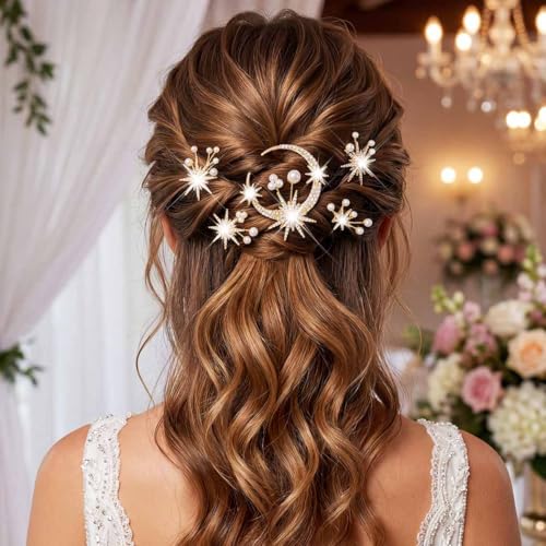 Gold Star Moon Hair Pins - Bridal Hair Accessories, Pack of 4