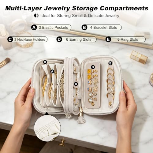 Travel Jewelry Case - 2-Layer Organizer for Rings, Earrings & Necklaces - Cream White
