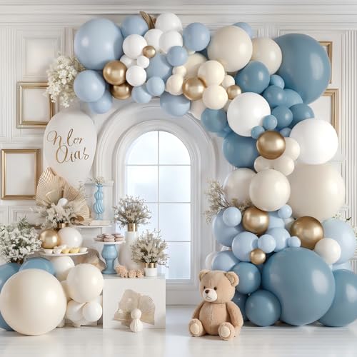 Dusty Blue and Gold Balloon Arch Kit for Parties - 105pcs