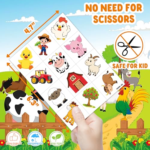 60 Pre-Cut Farm Animal Temporary Tattoos for Kids' Parties