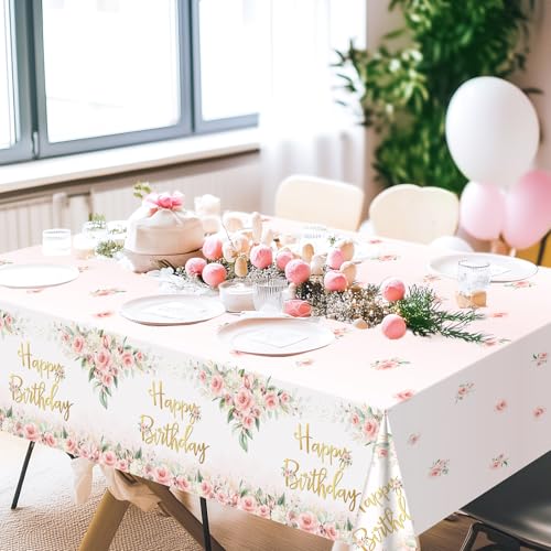 Rose Gold Floral Birthday Tablecloths - 3 Pack, 108 x 54 Inch