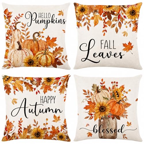 Fall Pillow Covers 18x18 Set of 4 - Rustic Pumpkin & Maple Leaves