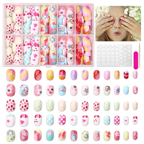 Wsimily 120Pcs Kids Colorful Short Fake Nails Set - Safe Acrylic Nail Art Kit - Variation A