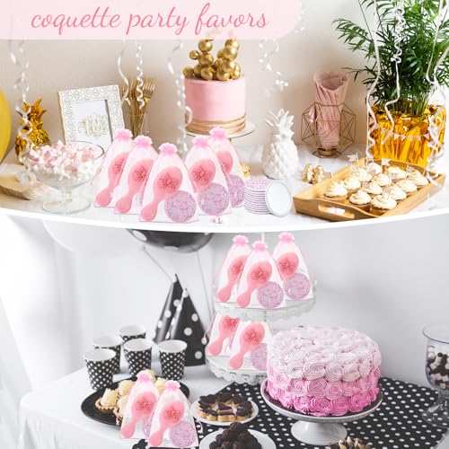 Wonderjune 12 Pink Bow Compact Mirrors & Mini Hair Brushes Set
