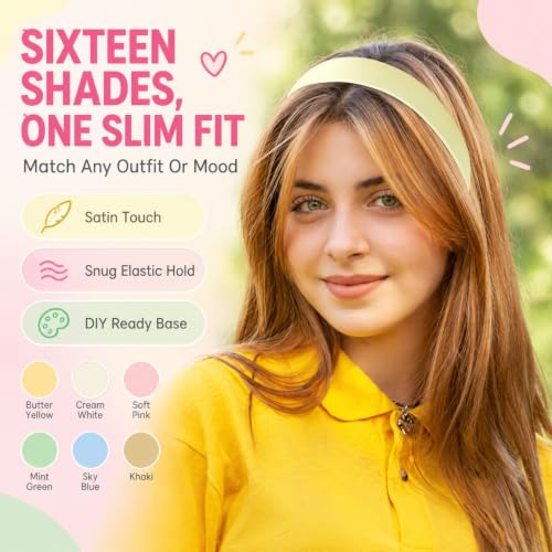 Lawie 16 Pack Multicolor Satin Plastic Headbands 2 cm Wide – Non-Slip, 5" Length (Multicolor B, Pack of 16)