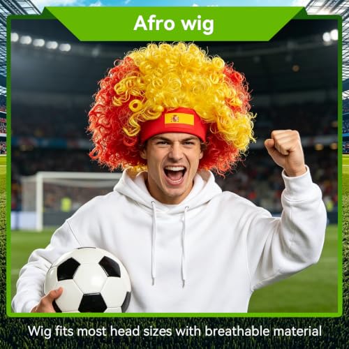HWQVA Spain Soccer Fan Gear Set with Temporary Tattoos, Wig & Loud Horn – World Cup Celebration