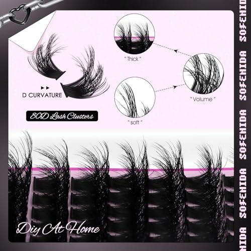 SOFENIDA Lash Clusters Kit 80D Lash Clusters Kit 10-18mm Volume Eyelash Clusters D Curly Cluster Eyelash Extensions 3D Wispy Lashes Cluster DIY Lash Extension Kit(80D-10-18MIX Thick Kit)