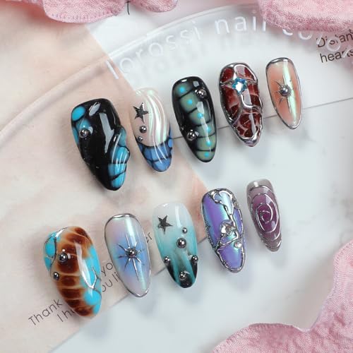 OCOUYVD Gothic Almond Press On Nails M - Silver Steel 3D Ball Fake Nails