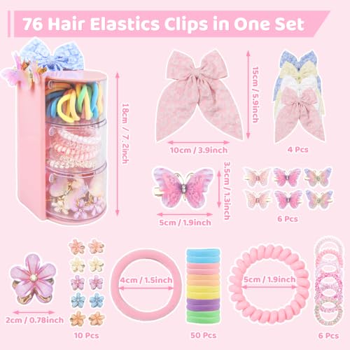Girls Hair Accessories Kit 76-Piece Set with 3-Tier Rotating Pink Organizer