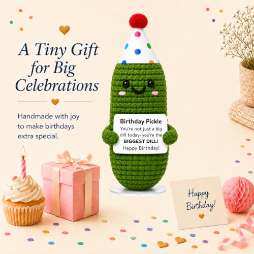Funny Handmade Crochet Birthday Pickle Gift with Stand & Box