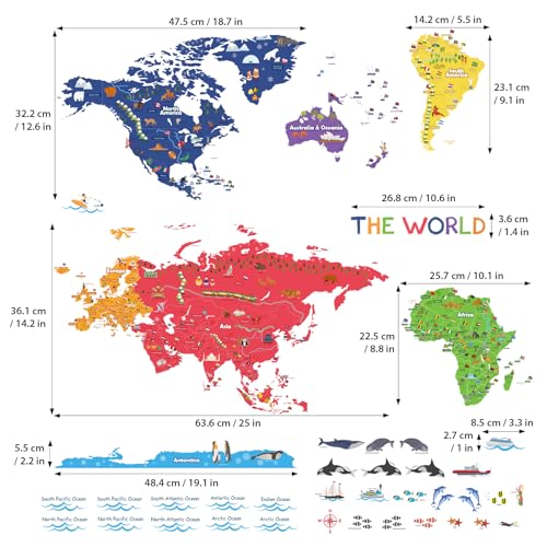 DECOWALL Colorful World Map Wall Stickers for Kids - Educational Peel and Stick Decals