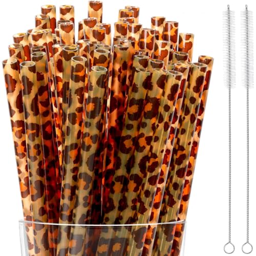 30 Reusable Leopard Print Straws with Cleaning Brushes - Perfect for Parties
