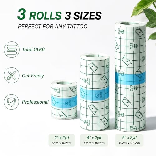 3 Rolls Tattoo Aftercare Bandage - Jconly Waterproof Tattoo Film Second Skin Tattoo Cover Up Patch Tape Healing Wrap Tattoo Supplies for Swimming, Shower, Wound Initial Healing(2 Inch, 4 Inch, 6 Inch)
