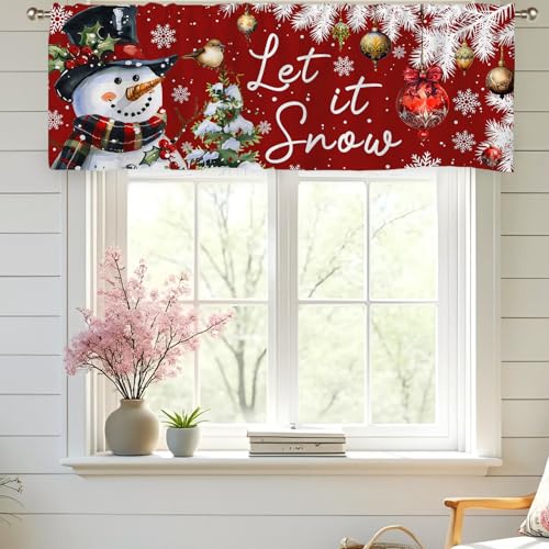 Snowman Christmas Valance Curtains - 51x18 Red Drapes for Windows