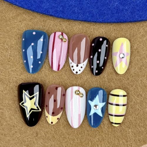Medium Almond Press-On Nails with Colorful Polka Dots & Stars - 24 Pcs