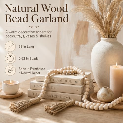 58-Inch Farmhouse Wood Bead Garland with Jute Tassels