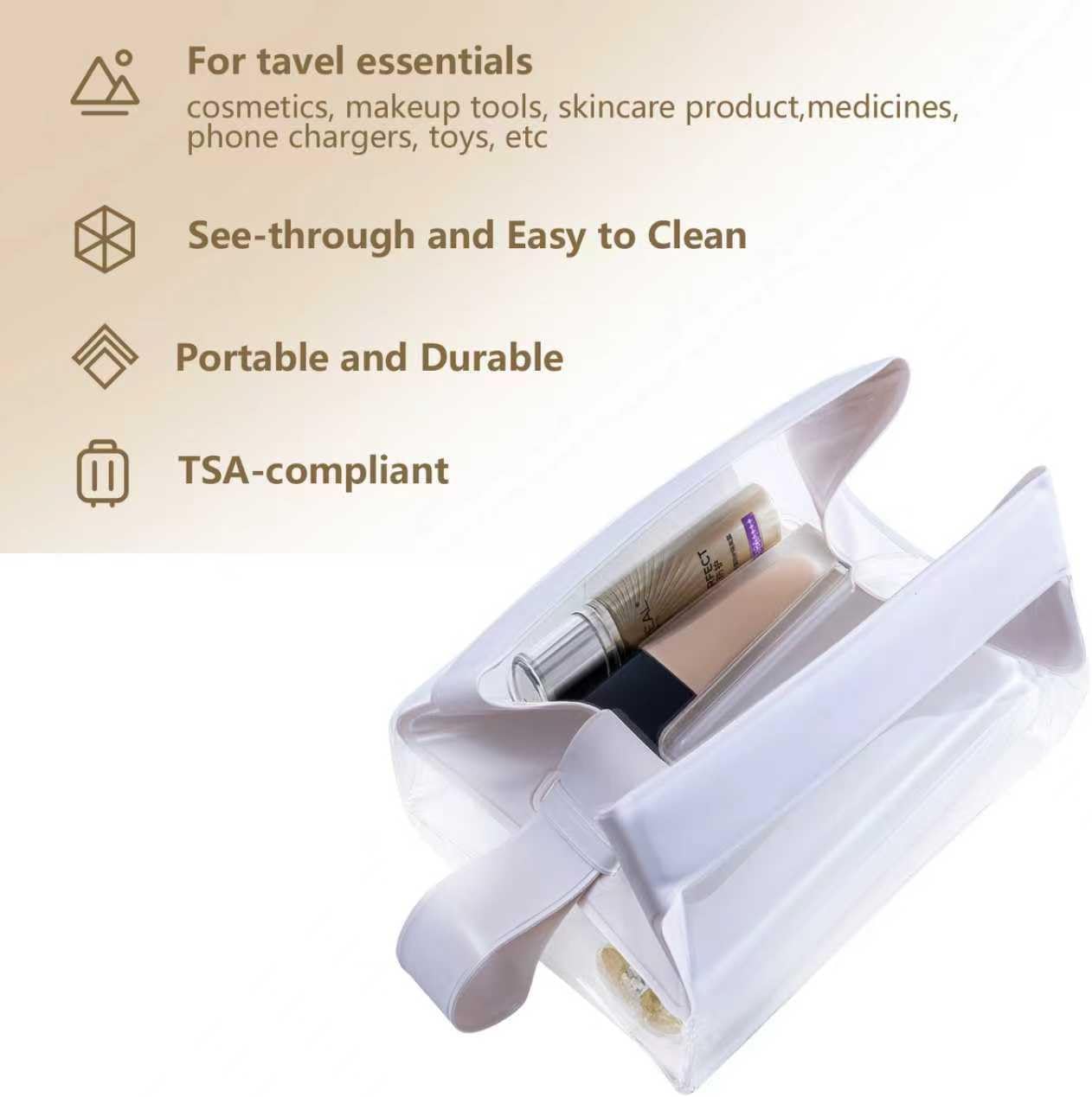 Clear TPU Toiletry Bag - TSA Approved Makeup Organizer with Magnetic Closure | Leak-Resistant Travel Pouch (Beige)