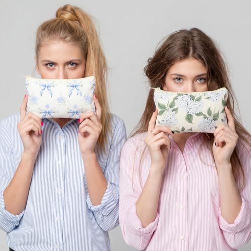 12 Pcs Floral Bow Makeup Bags - Vintage Aesthetic Canvas Toiletry Pouches