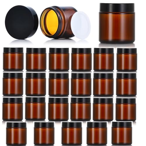 24 Pack 4oz Amber Glass Jars with Black Lids - Reusable Cosmetic & Travel Containers