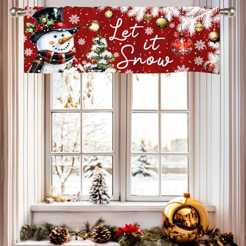 Snowman Christmas Valance Curtains - 51x18 Red Drapes for Windows