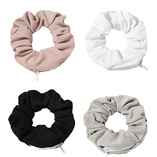 DINPREY Velvet Pocket Scrunchies with Hidden Zipper (4pcs, Stripe A) – Hair Ties + Stash Ponytail Holders
