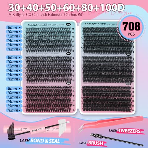 Lash Clusters Kit 708Pcs Individual Cluster Lash Extensions Kit 30D+40D+50D+60D+80D+100D Wispy Eyelash Clusters with Lash Bond and Seal and Tweezers 10-16mm 6 Styles Mix Lashes Clusters Kit