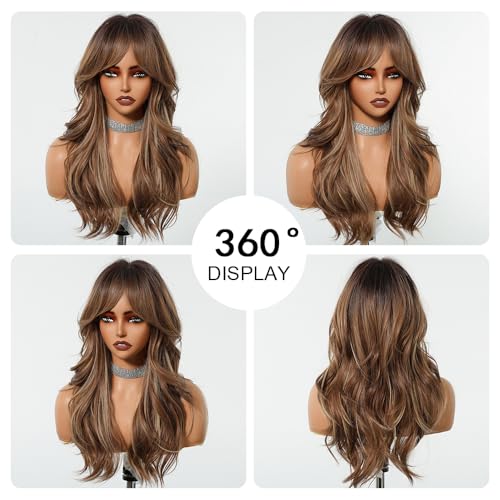 OUFEI Ombre Mixed Brown Wigs with Bangs - Natural Wavy Synthetic Hair for Women, Heat Resistant, Daily & Party Wear (Model 1261-1)