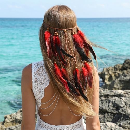 Vibrant Red Boho Indian Feather Headdress - Adjustable Festival Headband