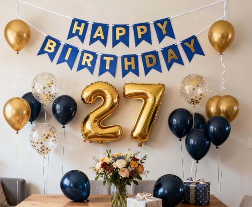 Navy Blue 27th Birthday Party Decorations with Balloons & Banner