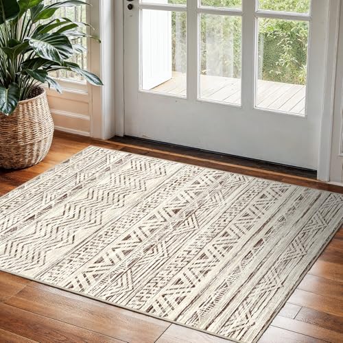 2x3 Washable Moroccan Area Rug - Non-Slip Beige Indoor Mat