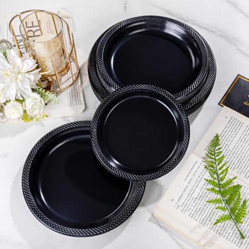 WELLIFE 7 Inch Black Plastic Plates - 50 Count Disposable Dinner Plates