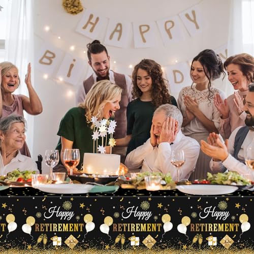 Ganeen Disposable Black Gold Retirement Tablecloths - 3 Pack, 54x108 Inch