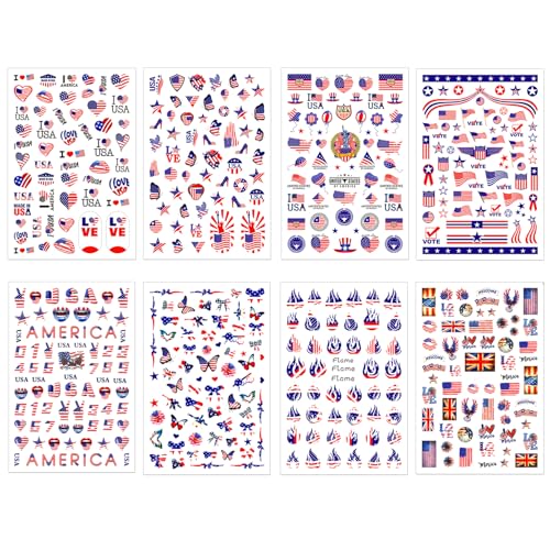 4th of July Nail Stickers - 8 Sheets USA Flag & Star Designs