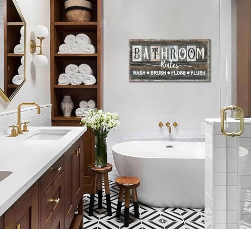 Bathroom Rules Canvas Wall Art - Rustic 8x16in Framed Decor