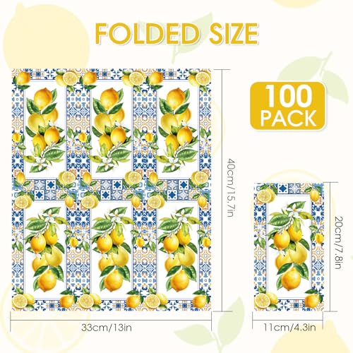Lemon Disposable Paper Napkins - 100 Pack, 4.3 x 7.8 Inches