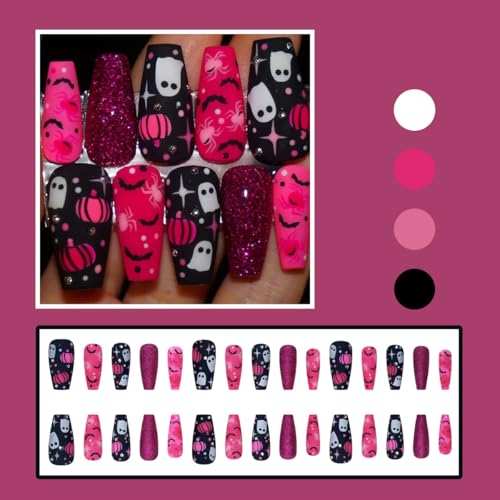 Halloween Press On Nails Medium Coffin Fake Nail Set with 3D Rhinestones & Spiders - Halloween Nails-5
