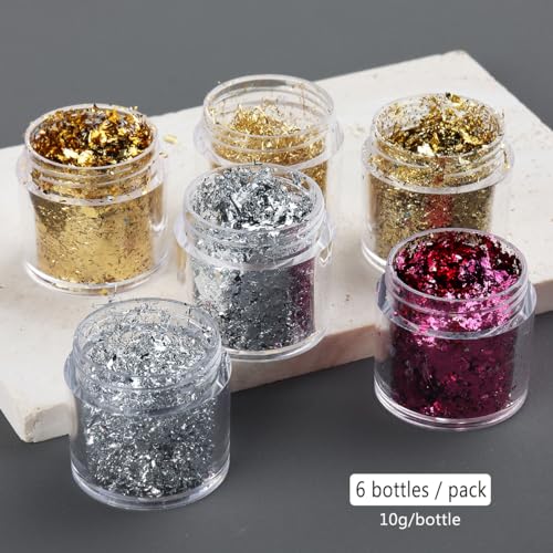 Fcozpjk Gold Foil Flakes for Nail Art - 6PCS Gilding Flakes Set