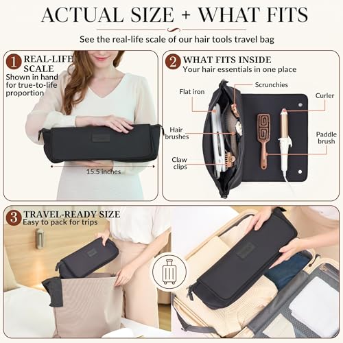 BAREFOOT CARIBOU Hair Tools Travel Bag and Heat Resistant Mat (15.5") for Flat Irons, Straighteners, Curling Iron, Haircare Accessories, 2-in-1 design, Interior Pockets, Portable Organizer (Black)