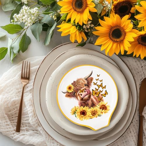 Highland Cow Spoon Rest with Sunflower & Butterfly Design - 4.7in