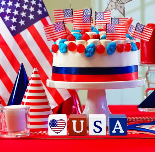Patriotic USA Wooden Block Set - 4PCS Rustic 4th of July Decor
