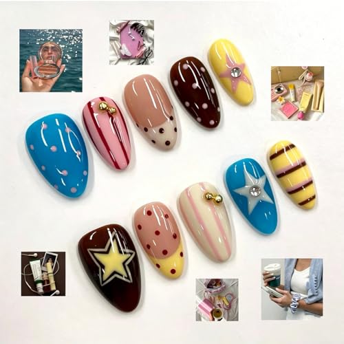 Medium Almond Press-On Nails with Colorful Polka Dots & Stars - 24 Pcs