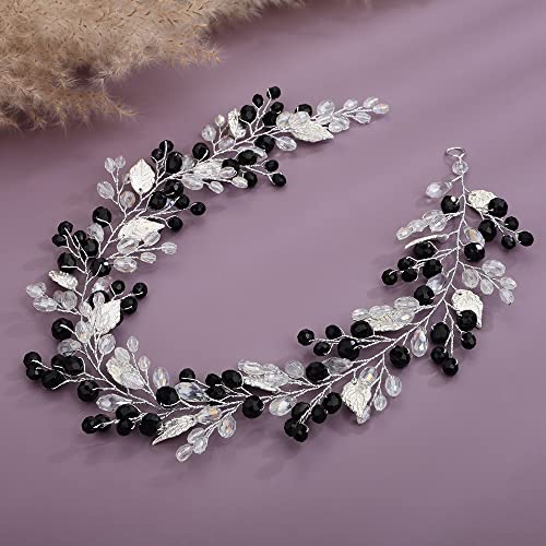Black Crystal Bridal Hair Vine - Handmade Rhinestone Leaf Headband