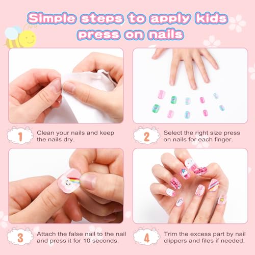 Jsiallye 192Pc short Press on Nails for Kids,8 Packs Children Stick