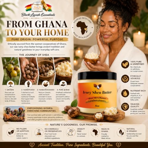 Black Lavish Essentials Organic West African Shea Butter 8 oz - Raw & Unrefined Moisturizer