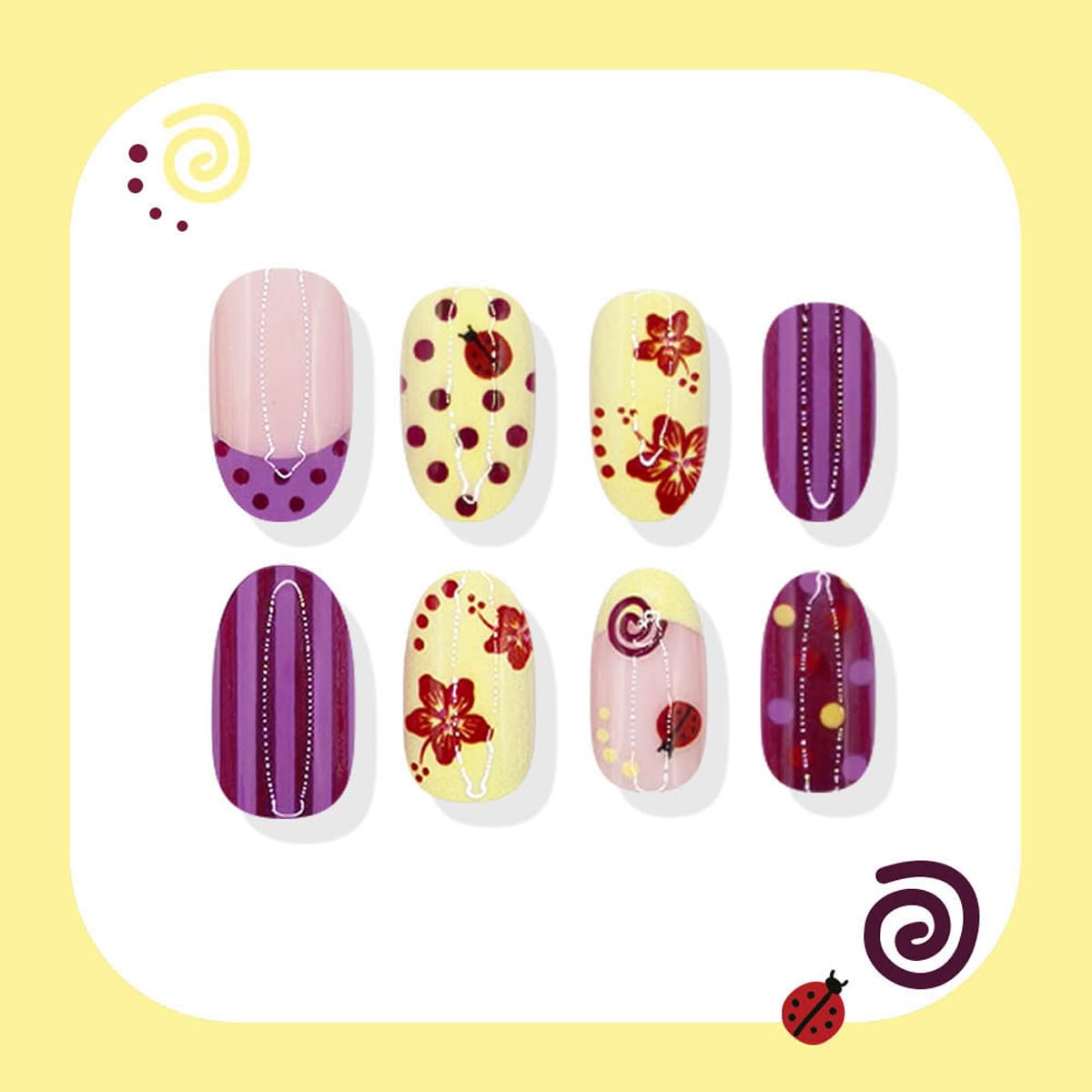 Press On Nails - Short Oval French Tip with Ladybug & Polka Dot Design | 24PCS Glossy Purple Yellow Full Cover