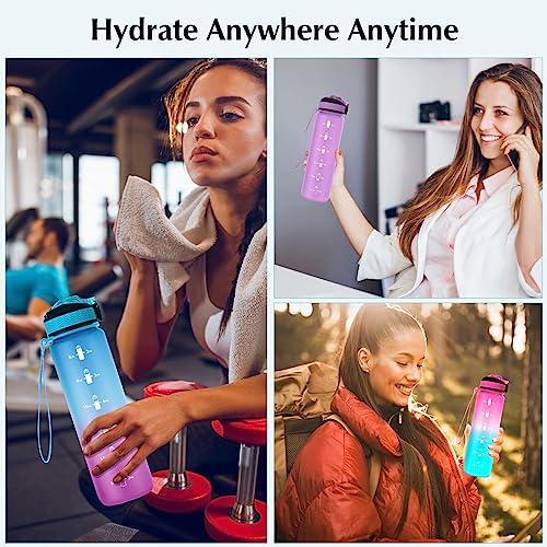 EYQ 32oz Water Bottle with Straw & Time Marker - Blue Purple