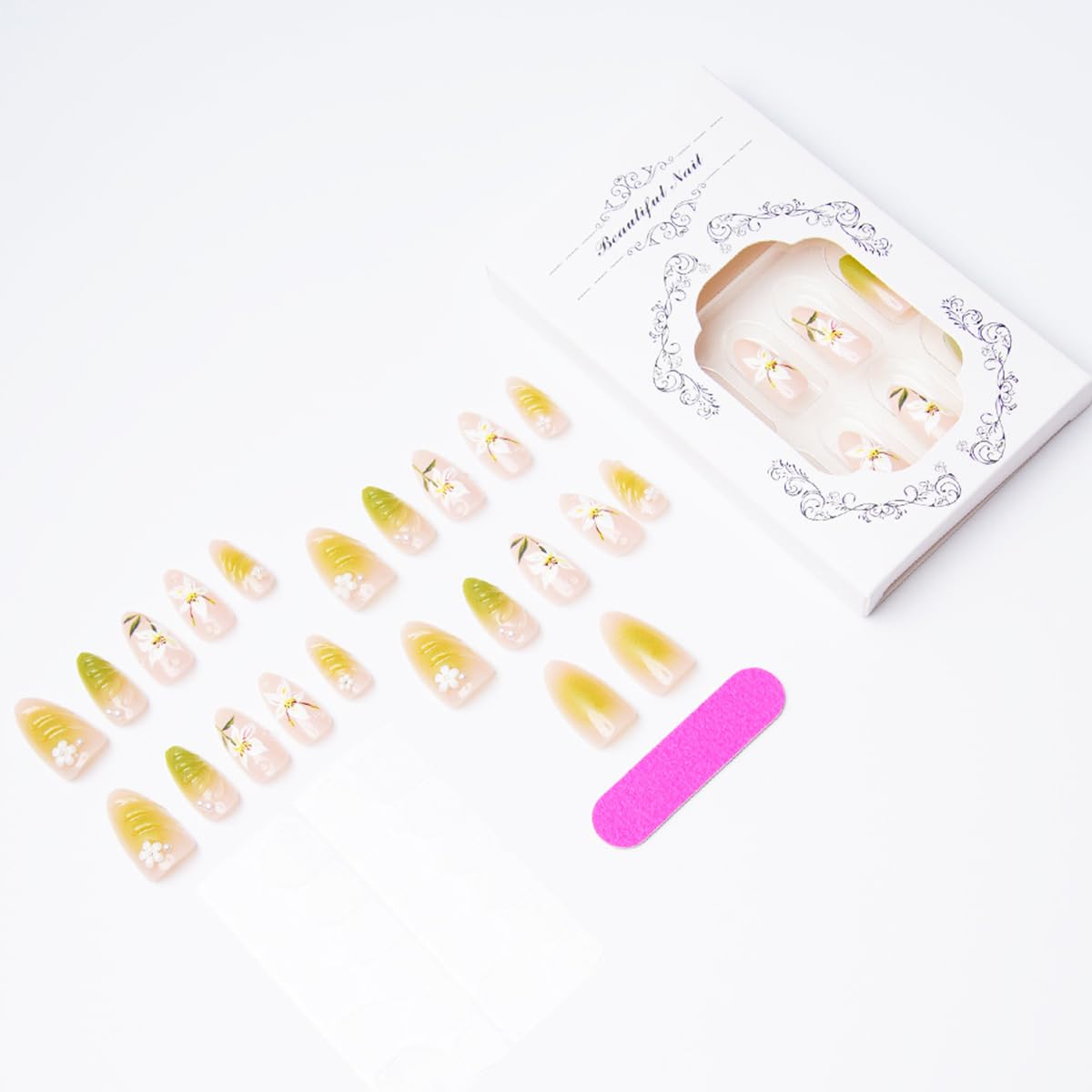 30Pcs Summer Press on Nails Almond Medium Fake Nails Lily Flower False Nails with Designs Glossy Reusable Acrylic False Nails Green Gradient Stick on Nails Cute Floral Artificial Nails Set for Women