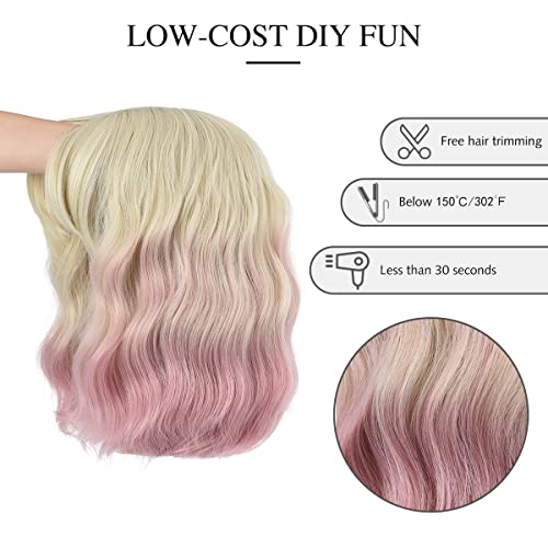 Rose Bud Blonde to Pink Wavy Bob Wig for Women - Short Curly Style with Bangs, 12 Inch, Variation 1-7